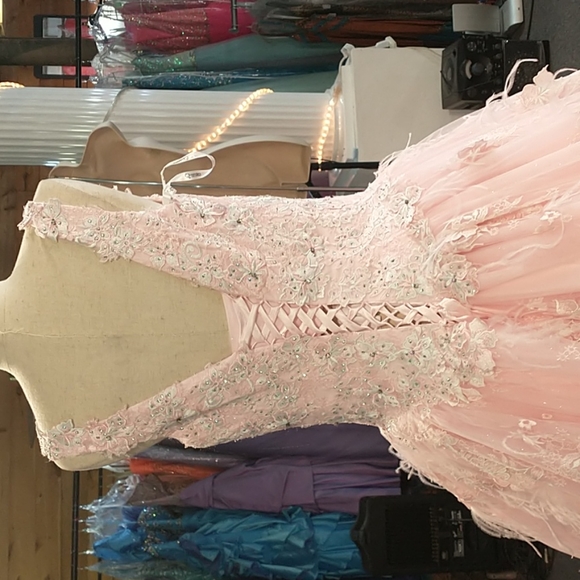 Quinceanera or Prom gown pink with feathers corset back - Picture 8 of 10